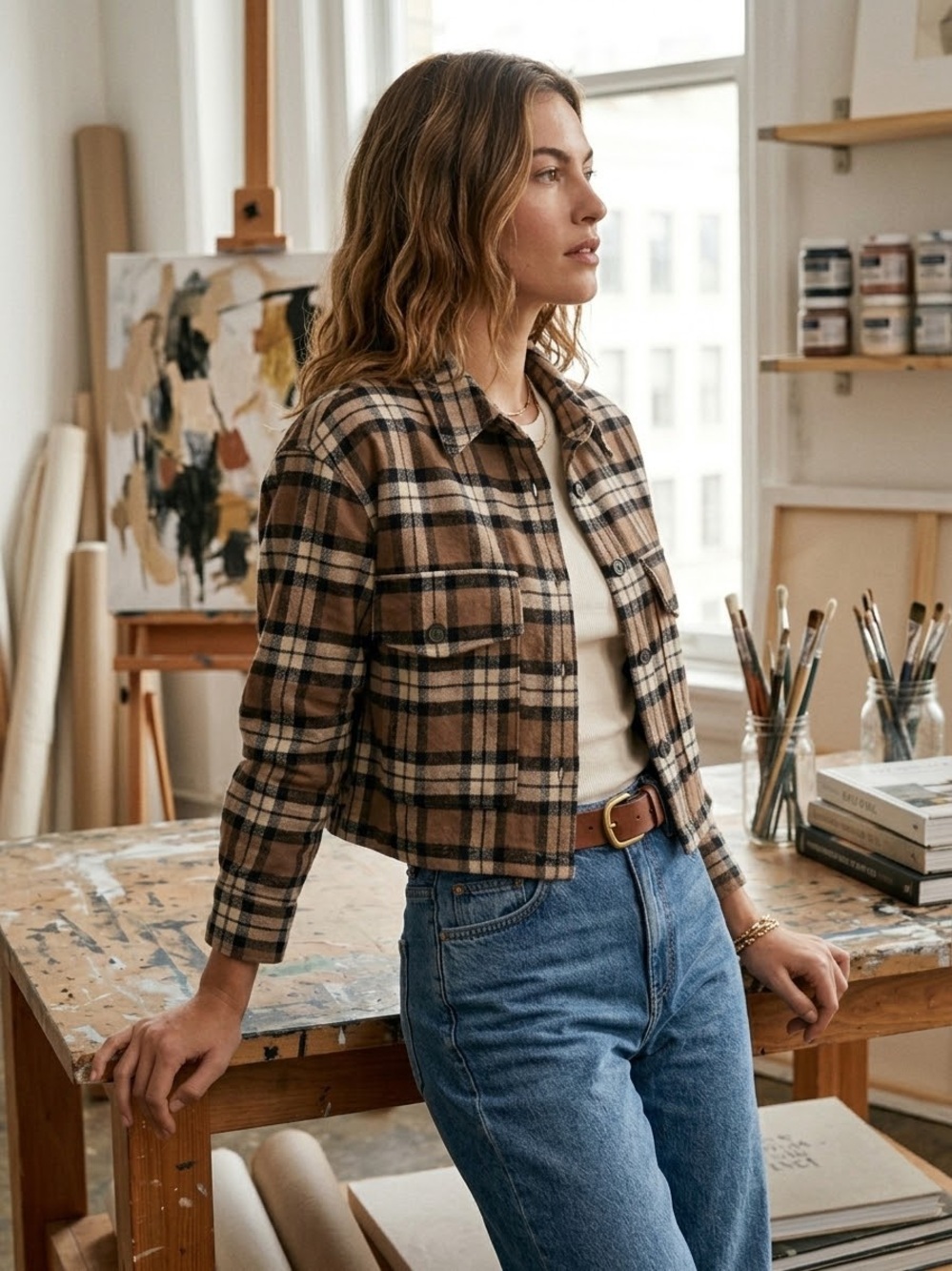 Good American Cropped Plaid Jacket in Brown and Black